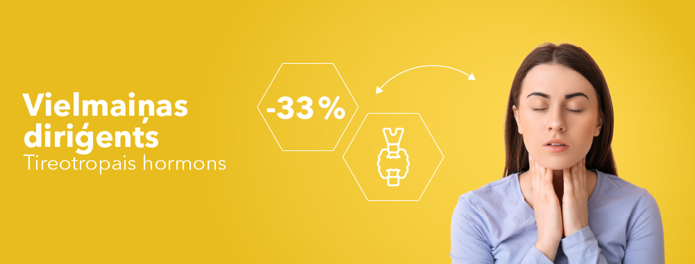 Tireotropais hormons analīzes ar 33% atlaidi un sievete  ar rokām apkārt kaklam